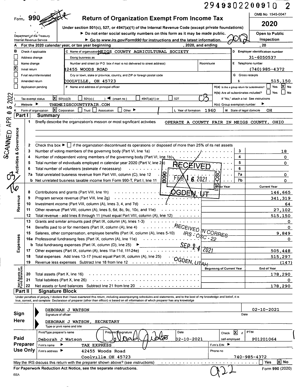 Image of first page of 2020 Form 990 for Ohio County & Independent Agricultural Societies - Meigs County Agriculture Society