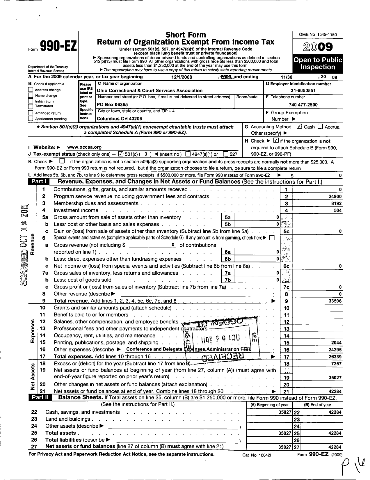 Image of first page of 2008 Form 990EZ for Ohio Correctional and Court Services Association