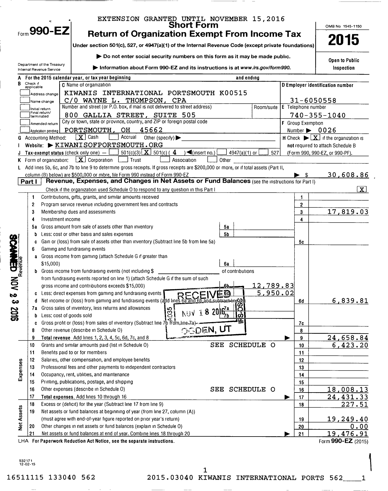 Image of first page of 2015 Form 990EO for Kiwanis International Portsmouth K00515