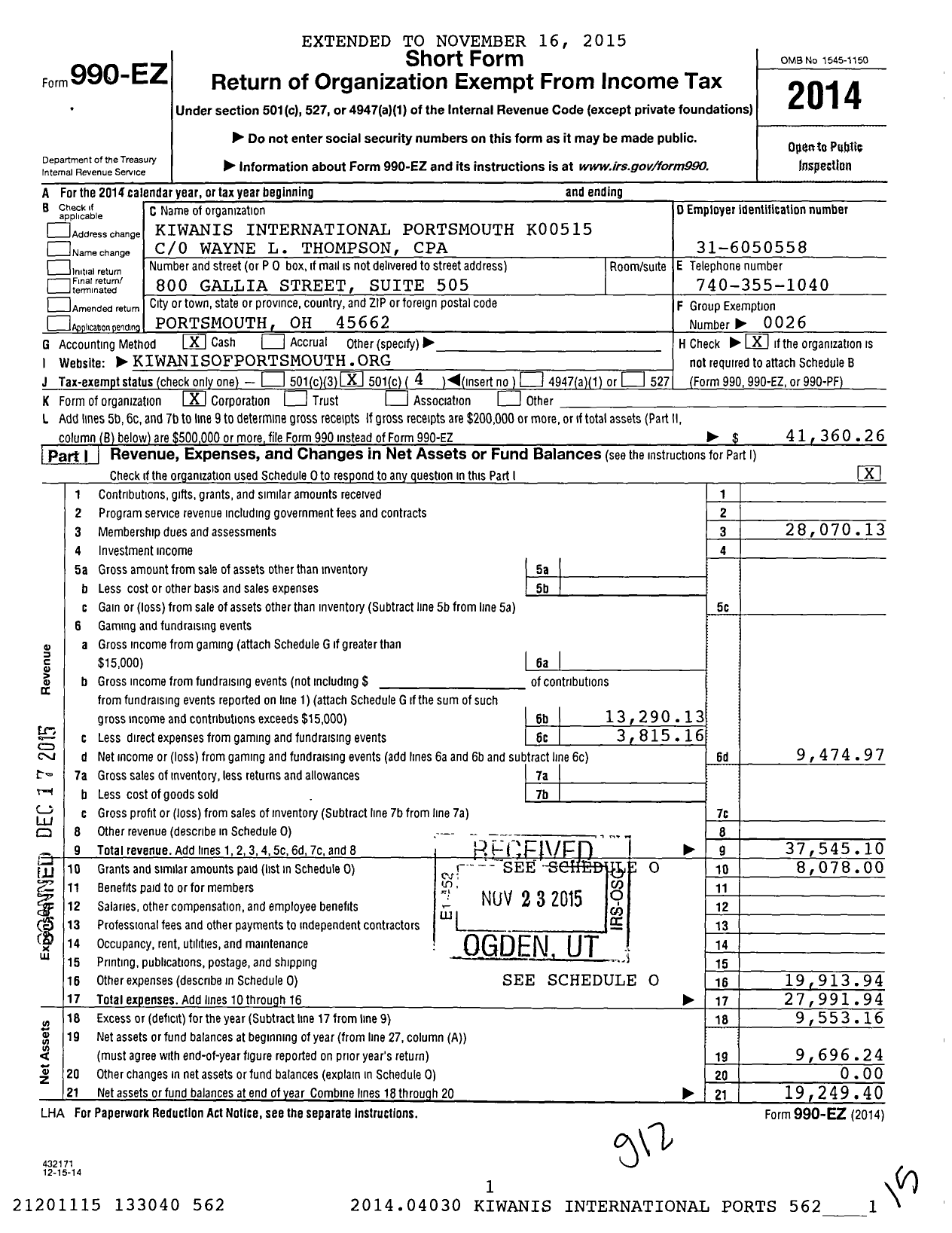 Image of first page of 2014 Form 990EO for Kiwanis International Portsmouth K00515