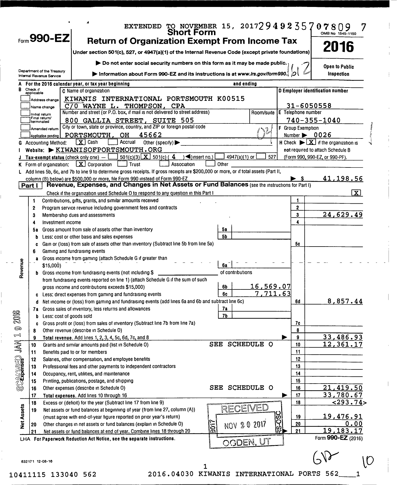 Image of first page of 2016 Form 990EO for Kiwanis International Portsmouth K00515