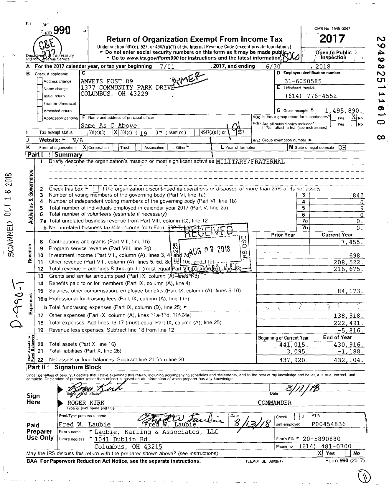 Image of first page of 2017 Form 990O for Amvets - 0089-oh