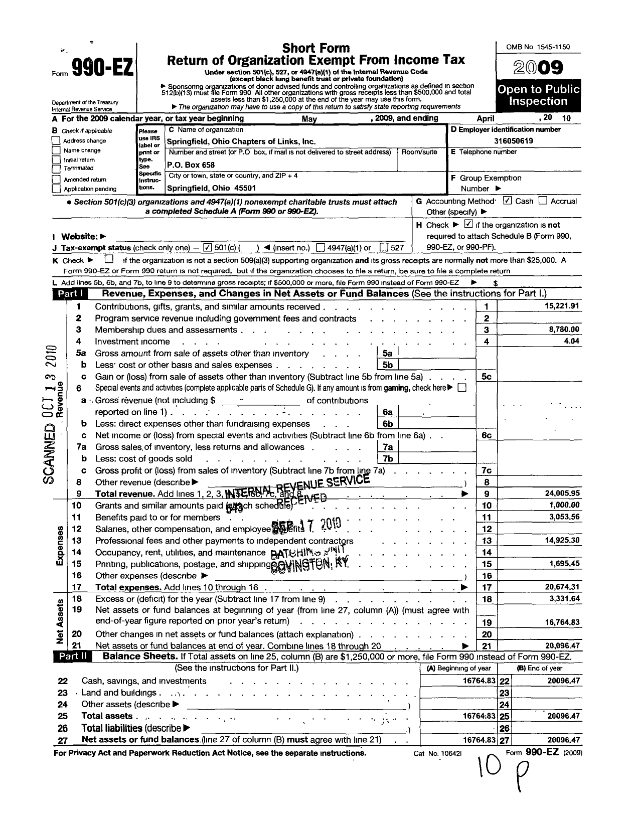 Image of first page of 2009 Form 990EO for Links / Springfield Chapter