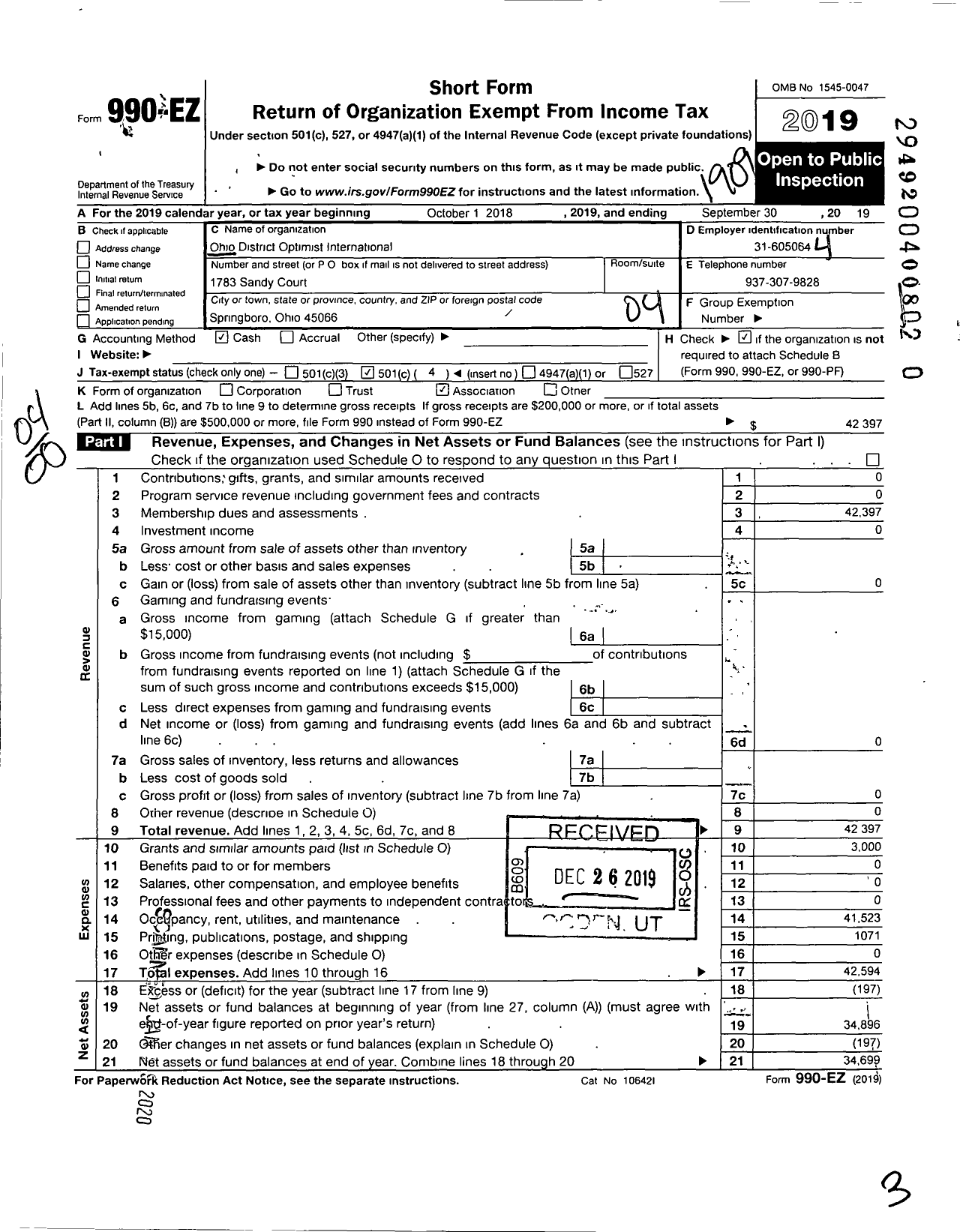 Image of first page of 2018 Form 990EO for Optimist International - 24999 Ohio District