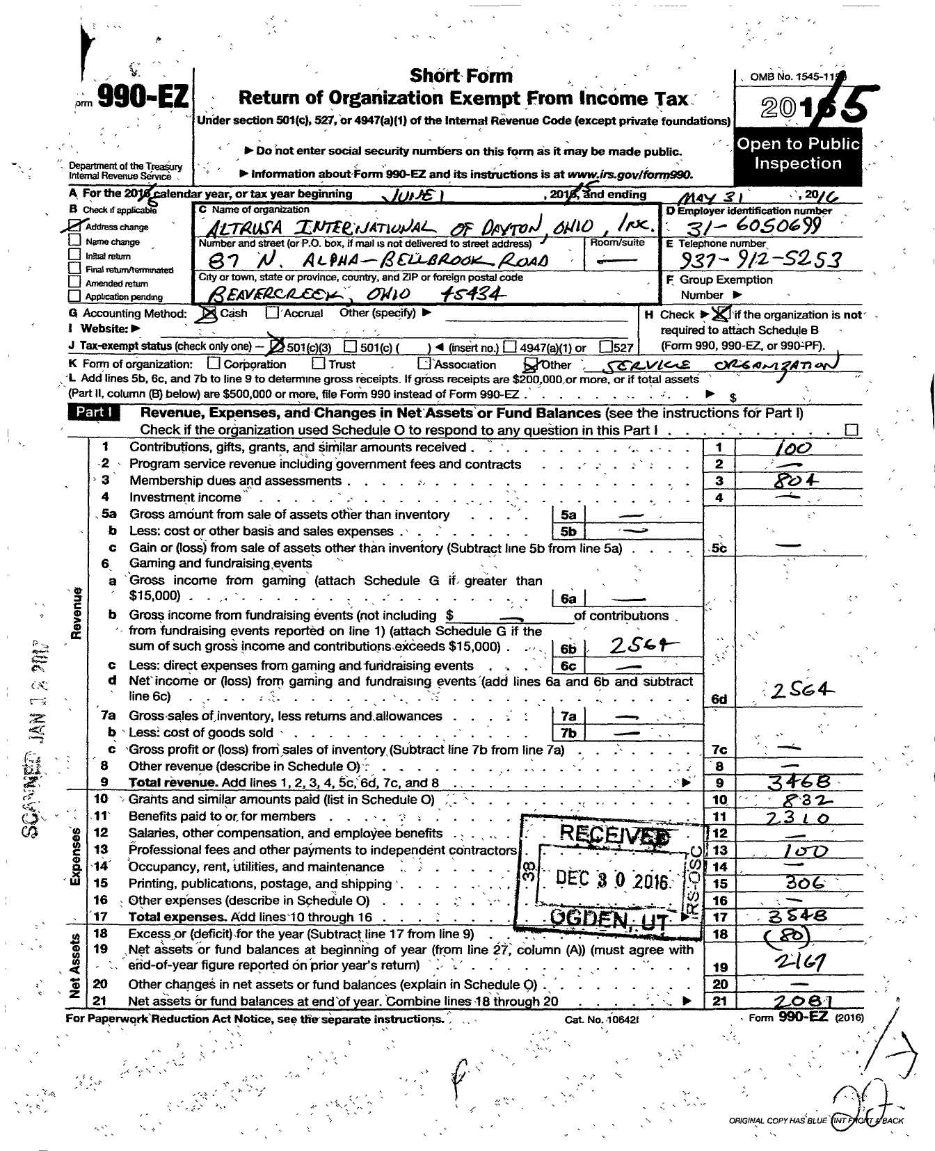 Image of first page of 2015 Form 990EZ for Altrusa International / Dayton