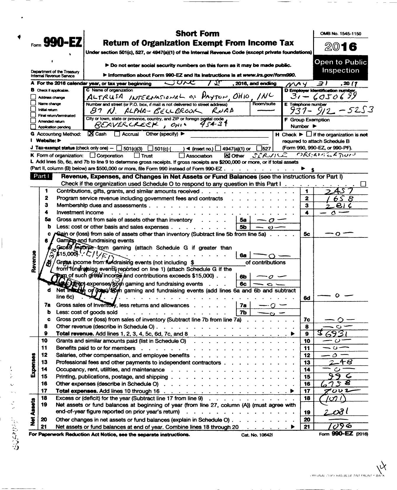 Image of first page of 2016 Form 990EO for Altrusa International / Dayton