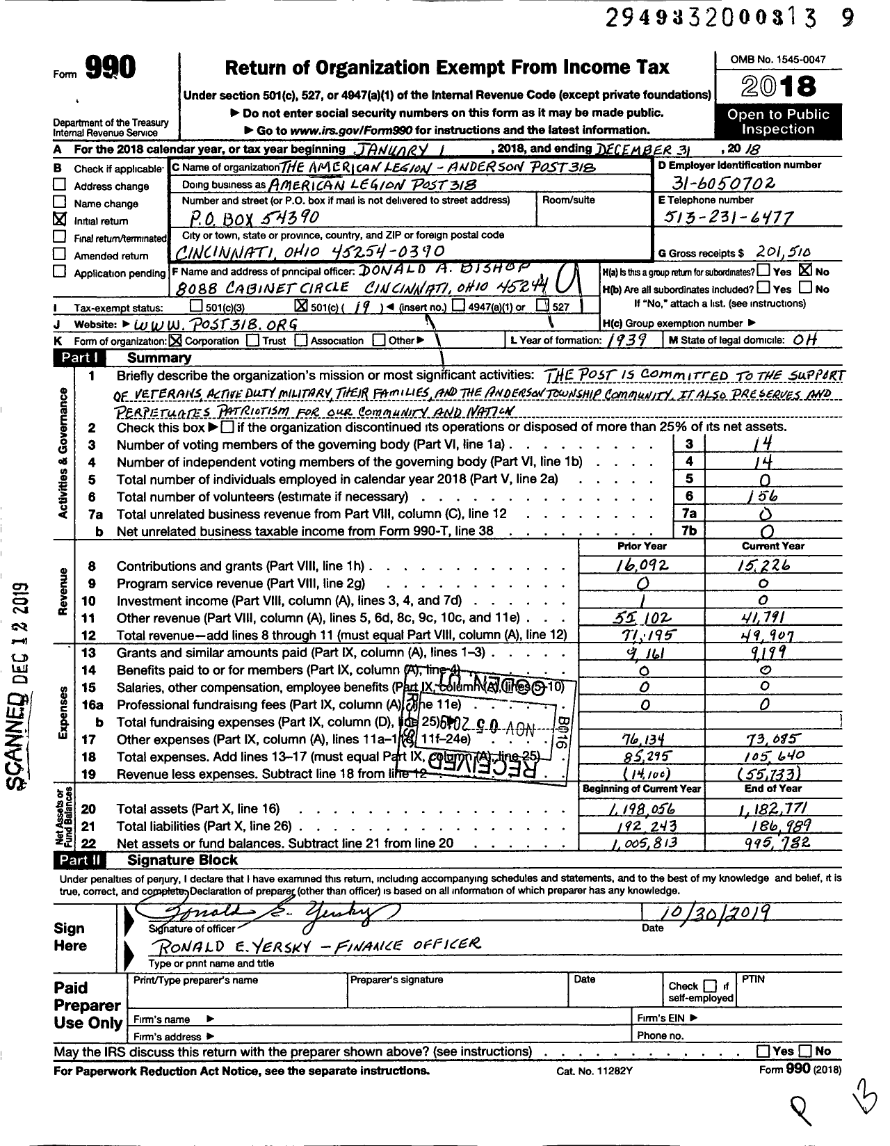 Image of first page of 2018 Form 990O for AMERICAN Legion - AMERICAN Legion Post 318