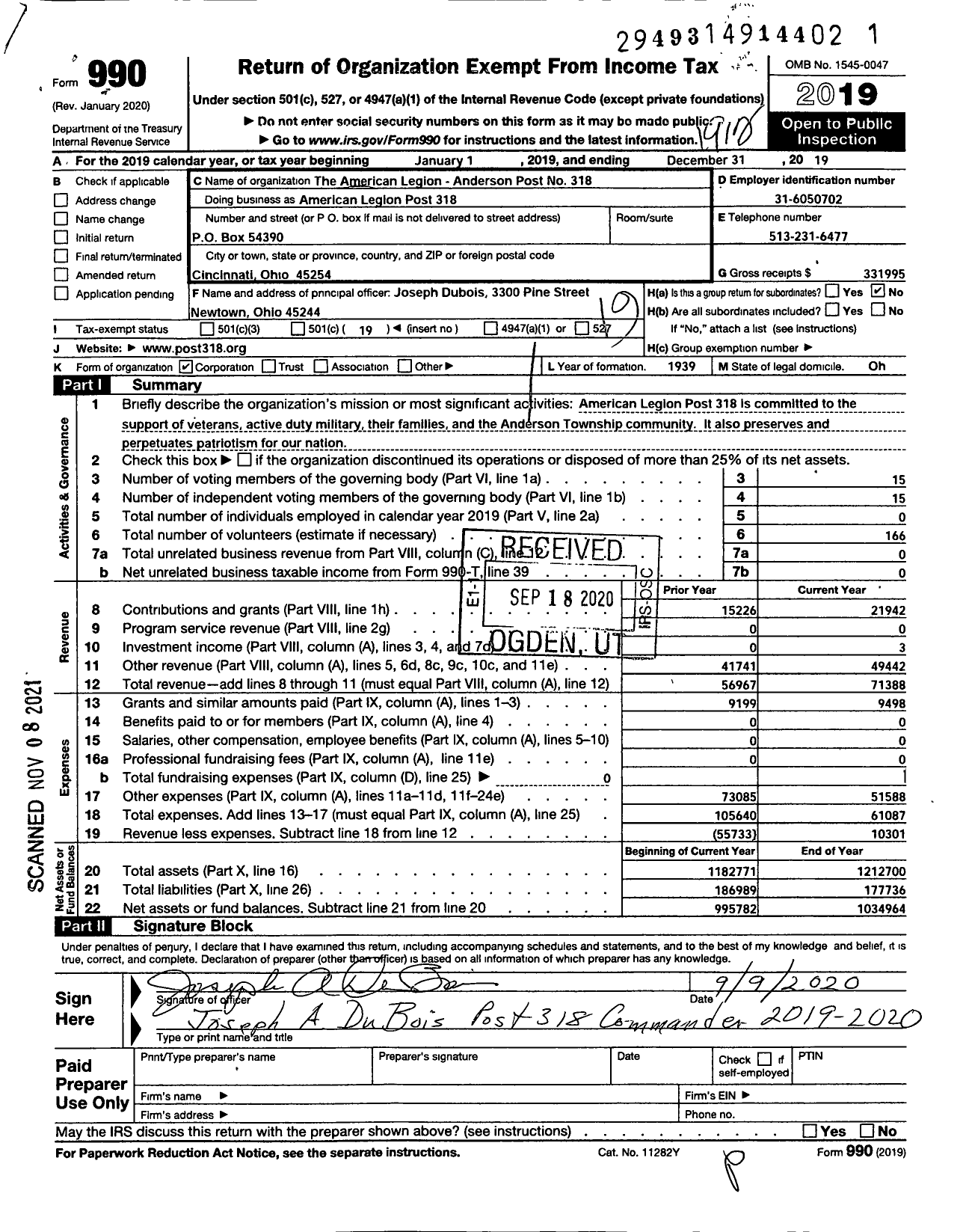 Image of first page of 2019 Form 990O for AMERICAN Legion - AMERICAN Legion Post 318