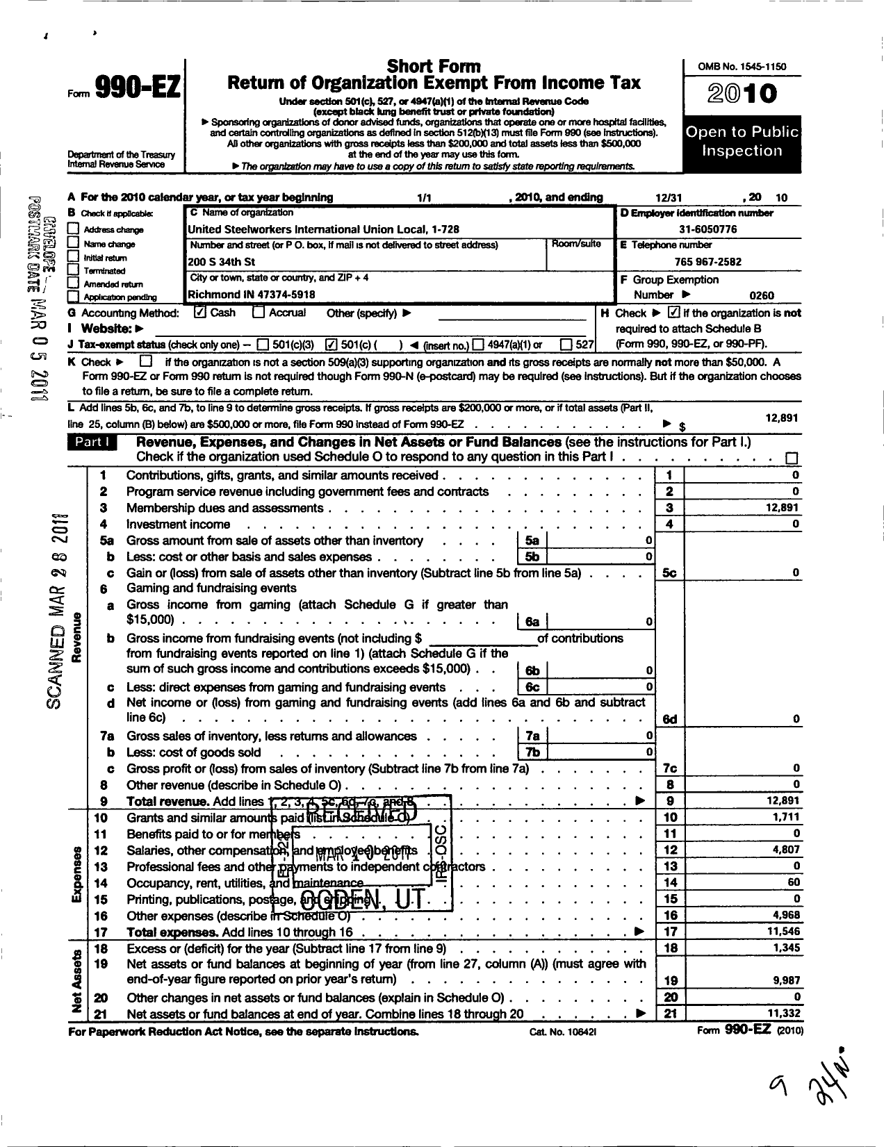 Image of first page of 2010 Form 990EO for United Steelworkers - 1-00728 Local