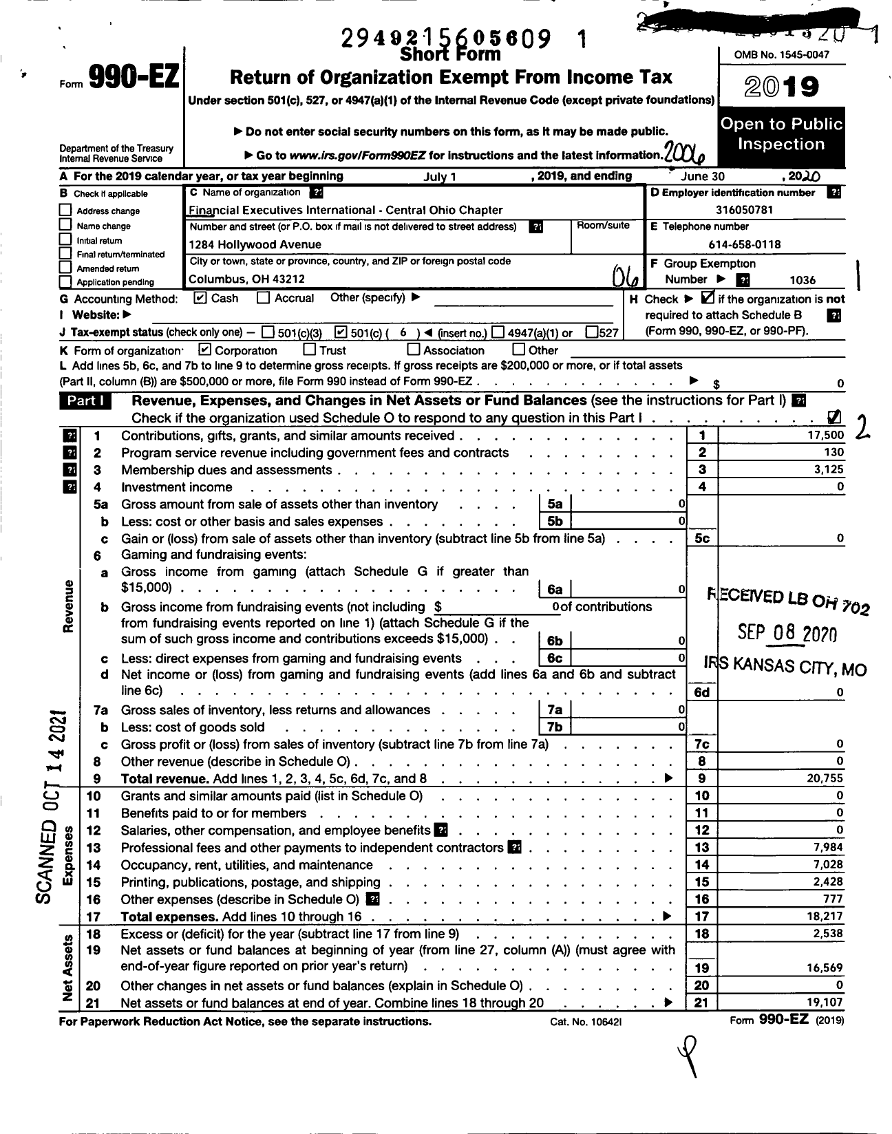 Image of first page of 2019 Form 990EO for Financial Executives International - Central Oh Chapter