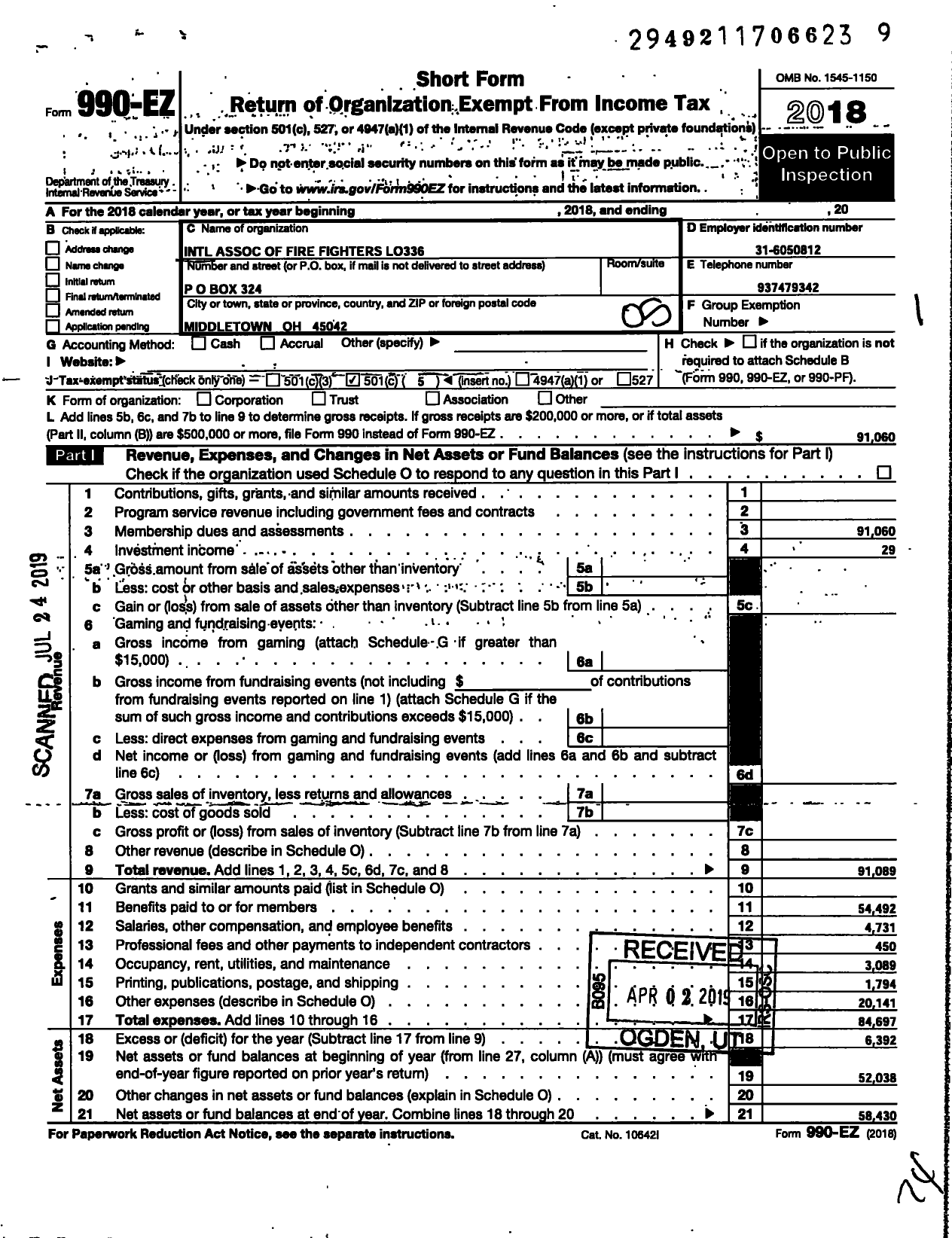 Image of first page of 2018 Form 990EO for International Association of Fire Fighters - L0336 Middletown Fire Fighters Asso