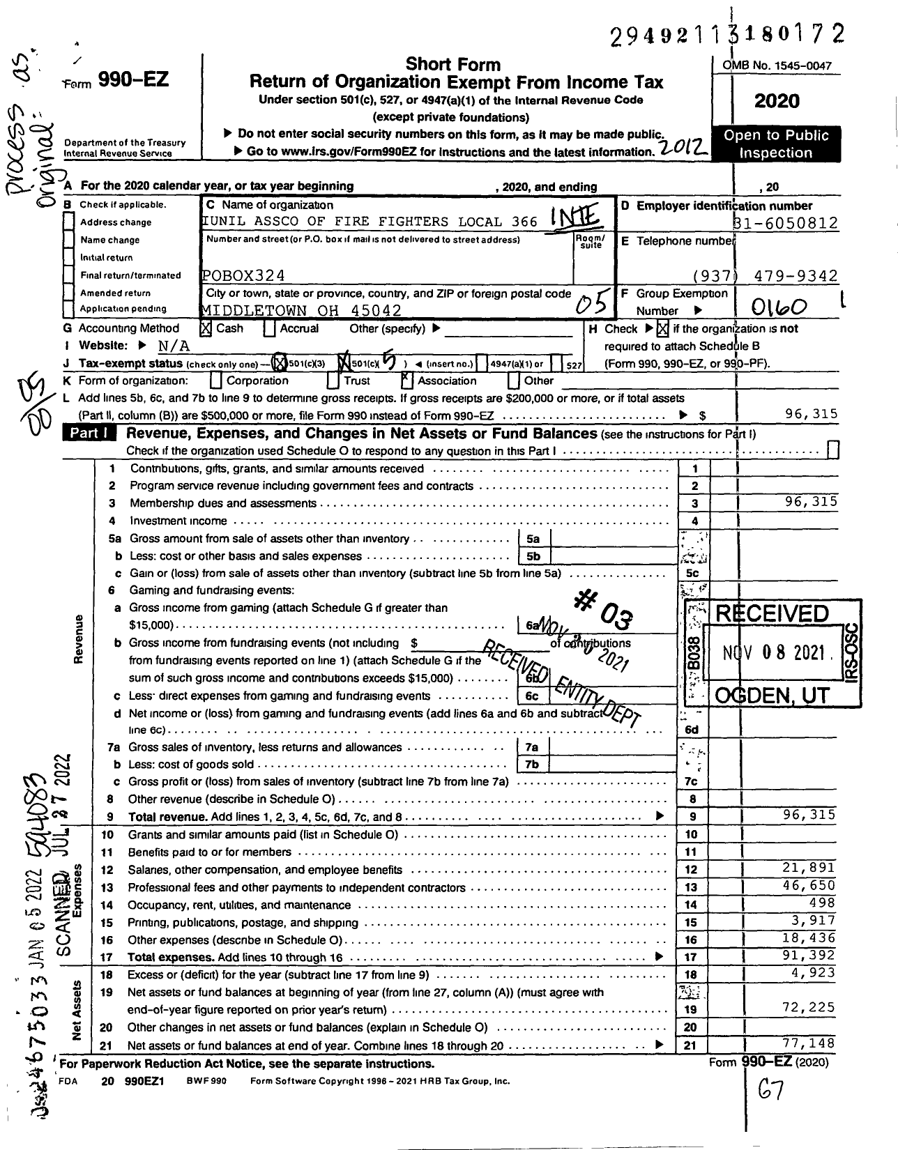 Image of first page of 2020 Form 990EO for International Association of Fire Fighters - L0336 Middletown Fire Fighters Asso