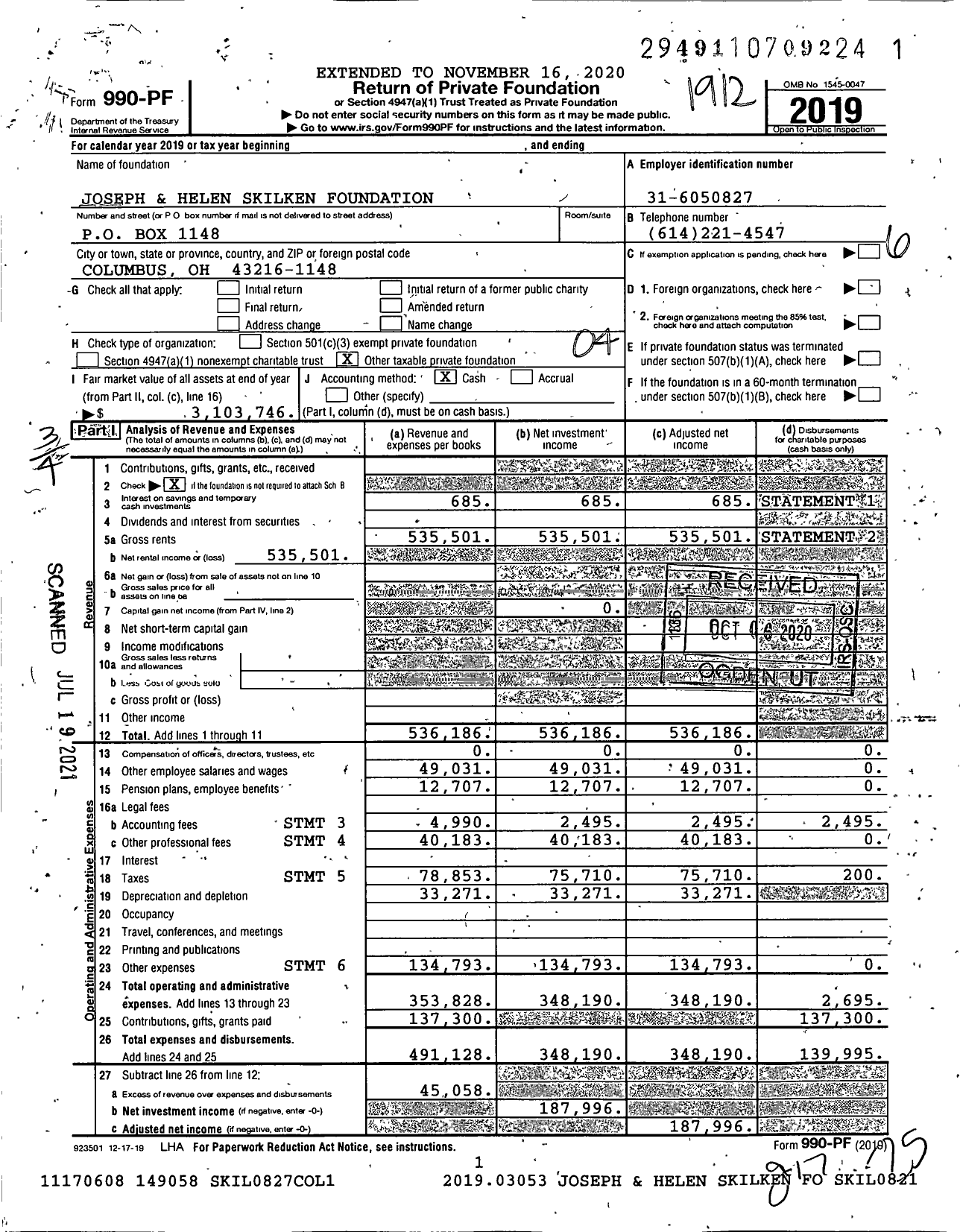 Image of first page of 2019 Form 990PF for Joseph and Helen Skilken Foundation