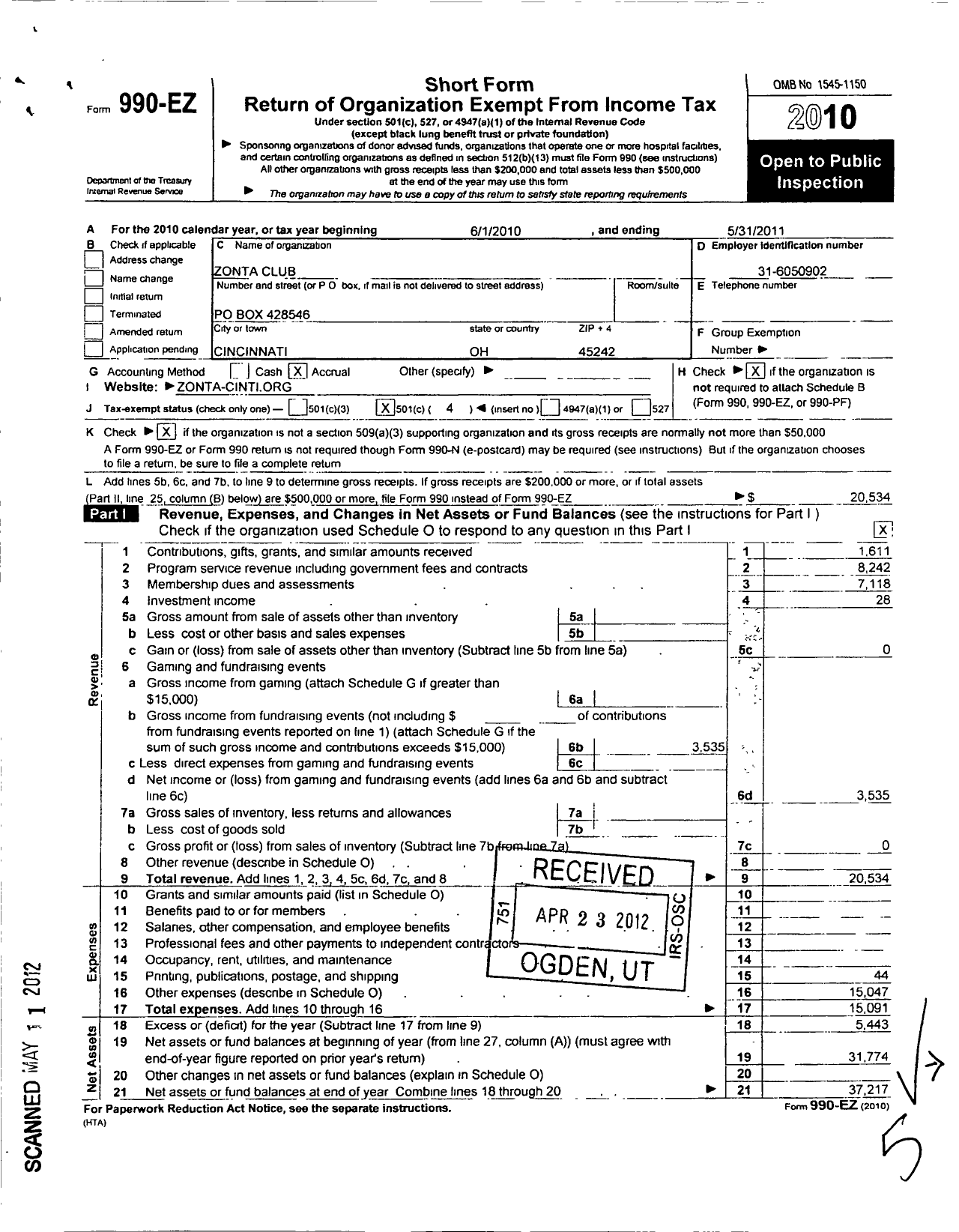 Image of first page of 2010 Form 990EO for Zonta International / Cincinnati