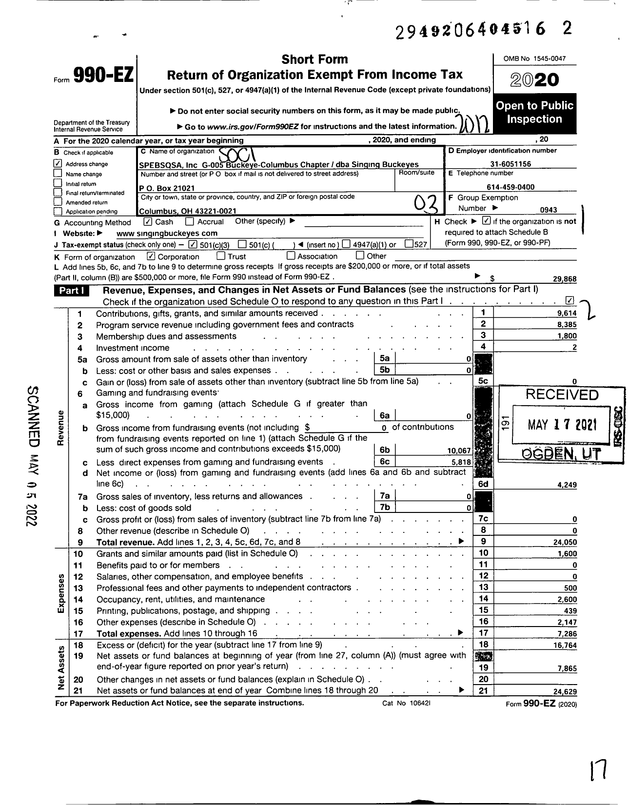 Image of first page of 2020 Form 990EZ for Barbershop Harmony Society - G005 Buckeye Columbus