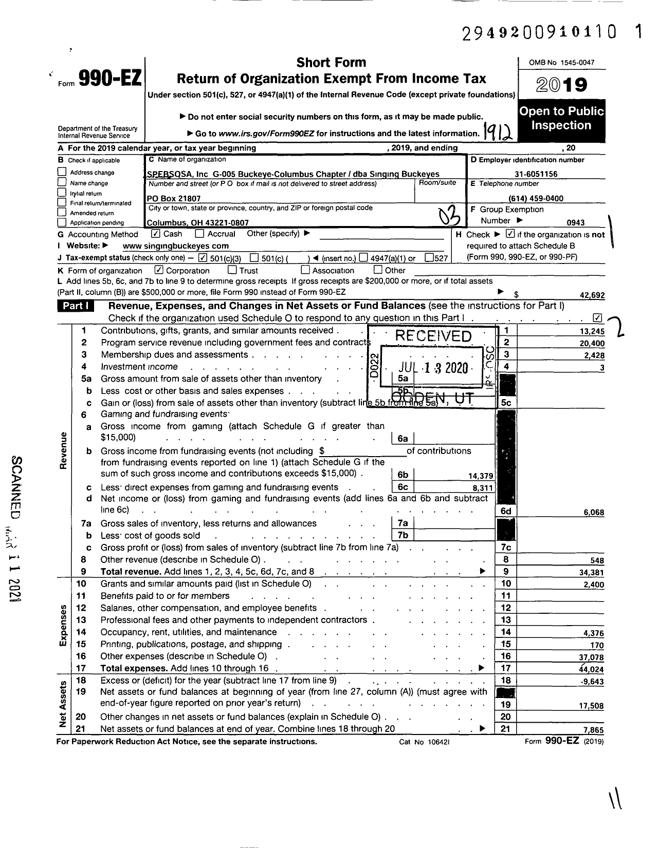 Image of first page of 2019 Form 990EZ for Barbershop Harmony Society - G005 Buckeye Columbus