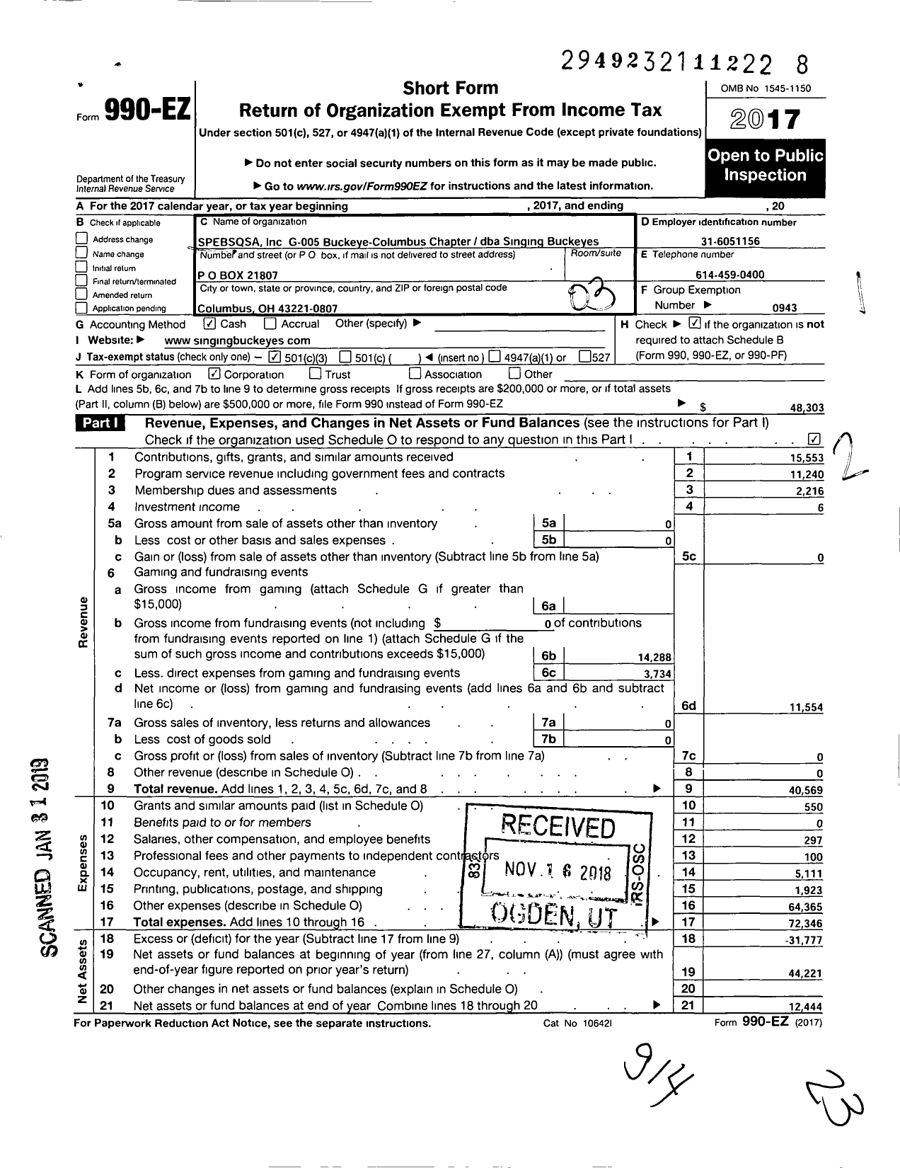 Image of first page of 2017 Form 990EZ for Barbershop Harmony Society - G005 Buckeye Columbus