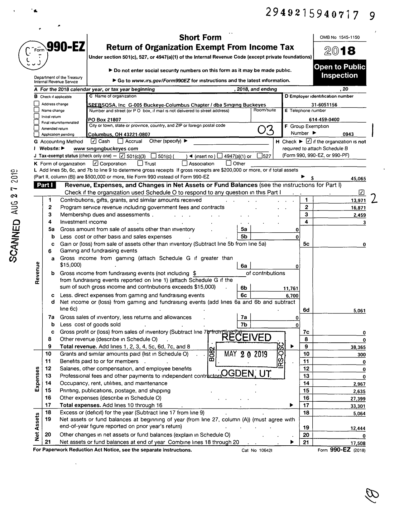 Image of first page of 2018 Form 990EZ for Barbershop Harmony Society - G005 Buckeye Columbus