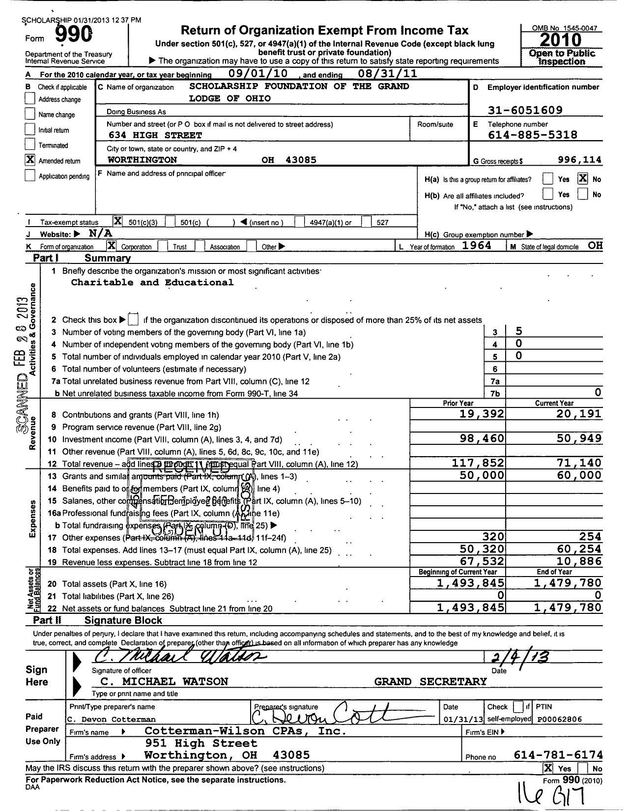 Image of first page of 2010 Form 990 for Scholarship Foundation of the Grand Lodge of Ohio