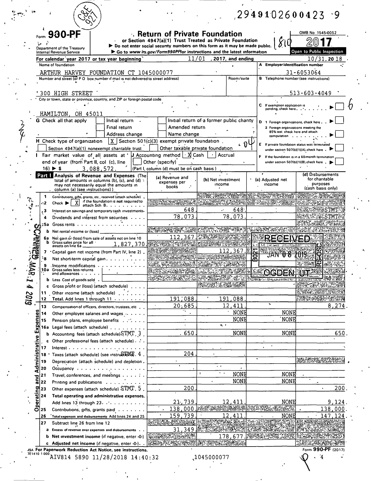 Image of first page of 2017 Form 990PF for Arthur Harvey Foundation CT 1045000077
