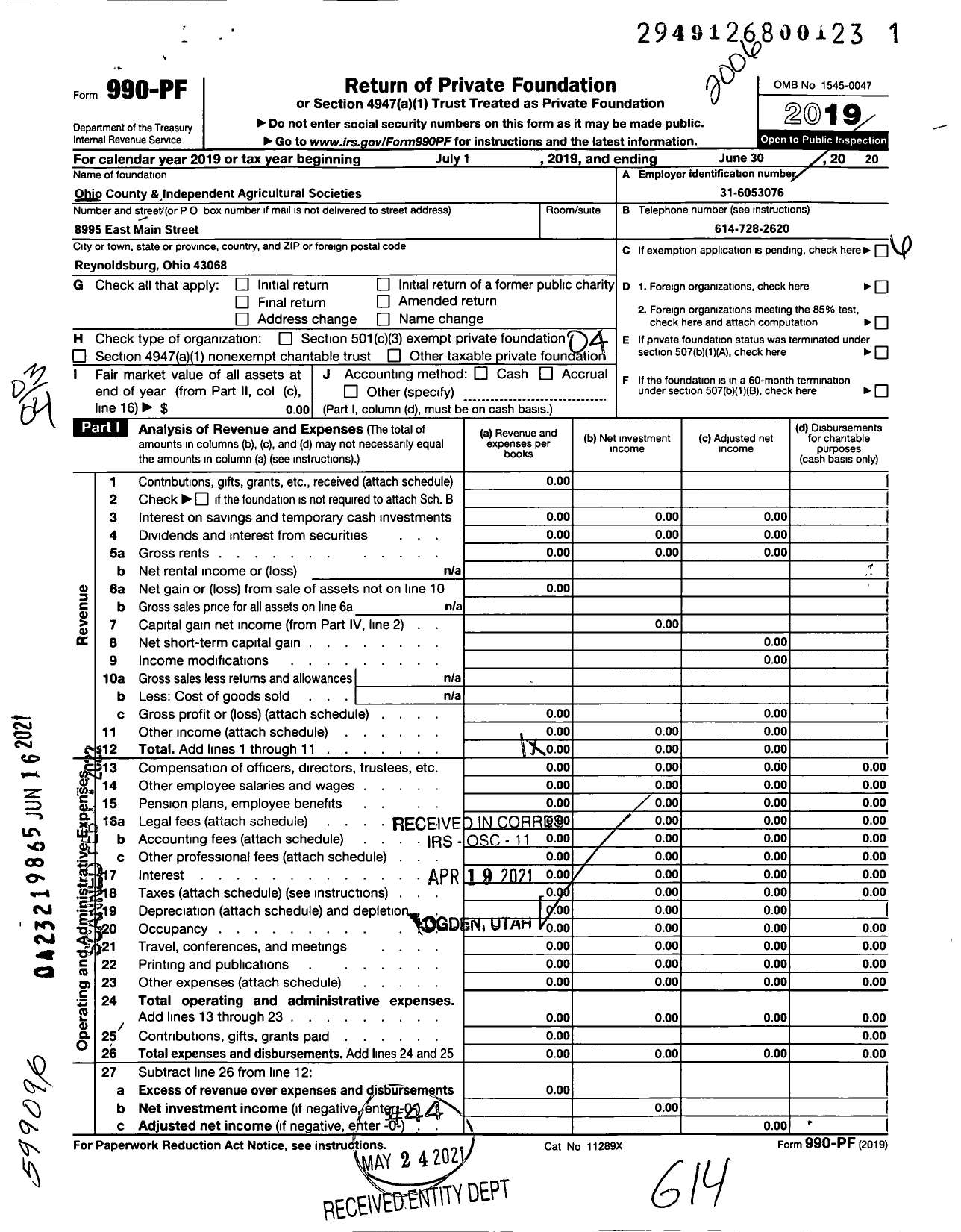 Image of first page of 2019 Form 990PF for Ohio County & Independent Agricultural Societies - State of Ohio Dept of Agriculture