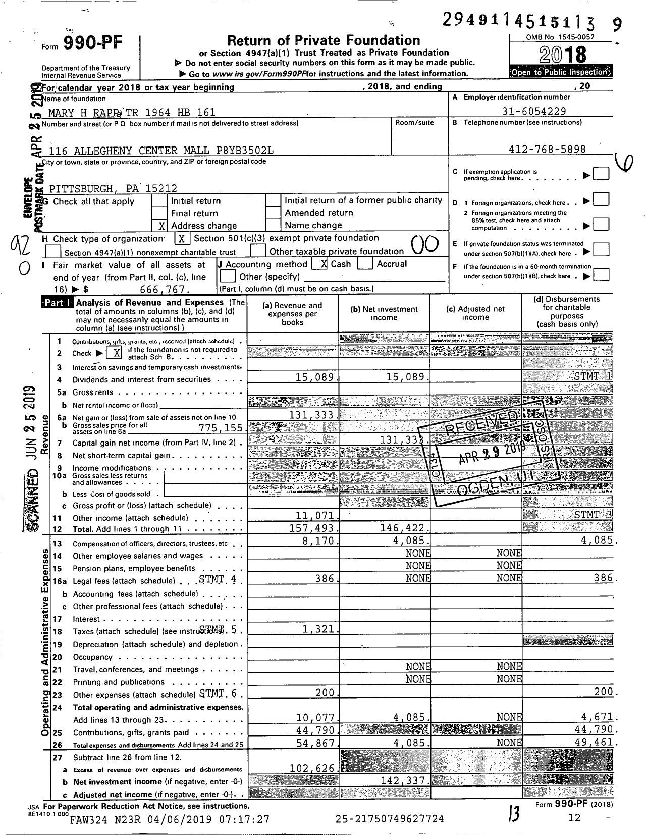 Image of first page of 2018 Form 990PF for Mary H Rapp Charitable Tuw