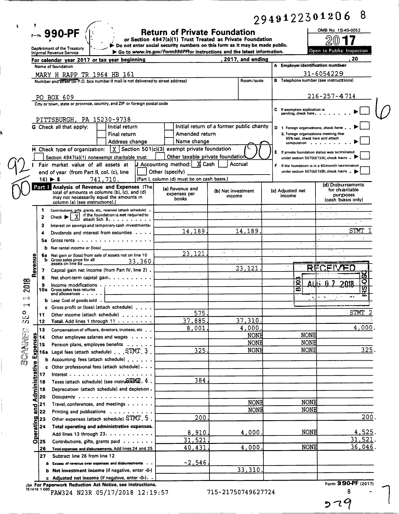 Image of first page of 2017 Form 990PF for Mary H Rapp Charitable Tuw