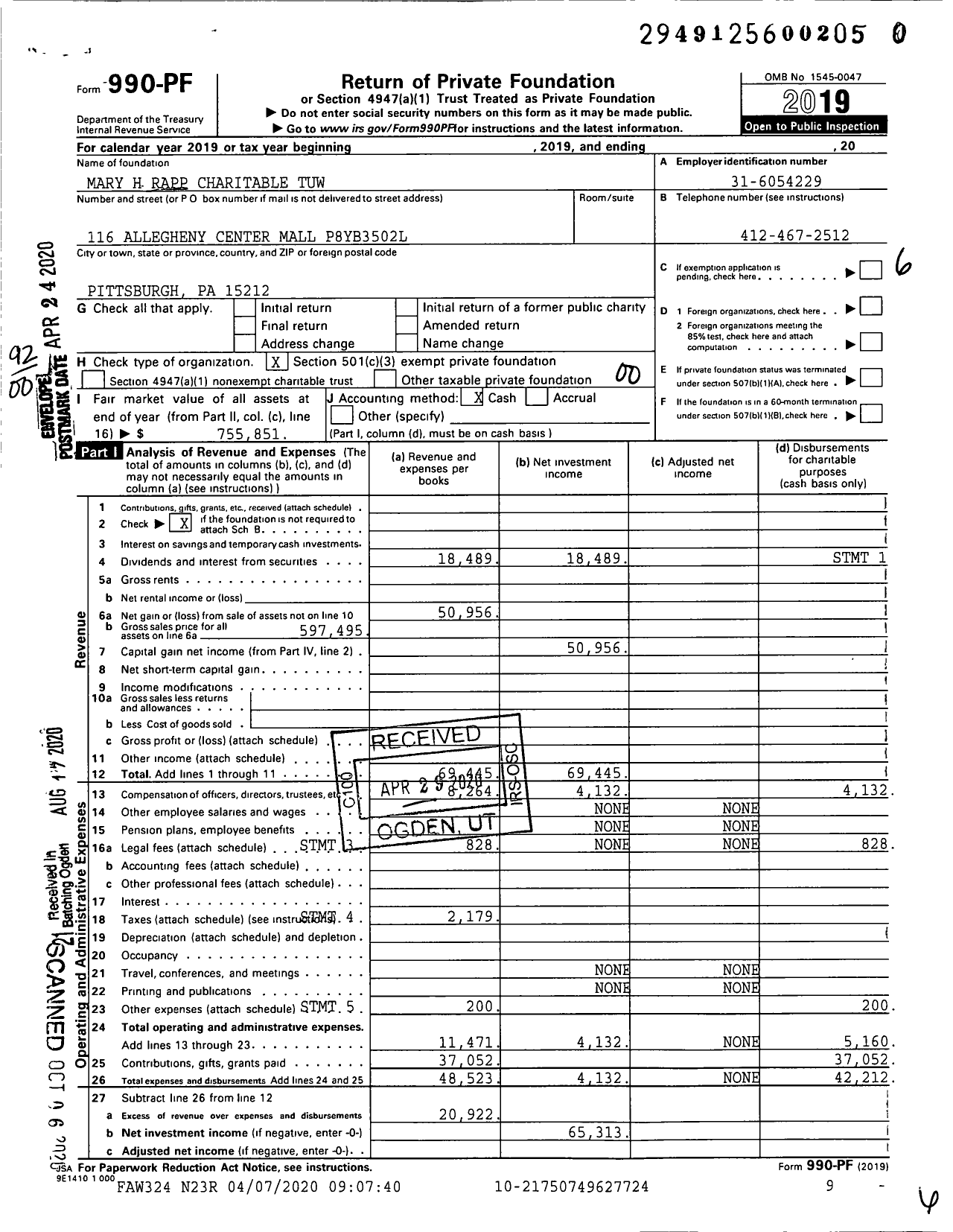 Image of first page of 2019 Form 990PR for Mary H Rapp Charitable Tuw