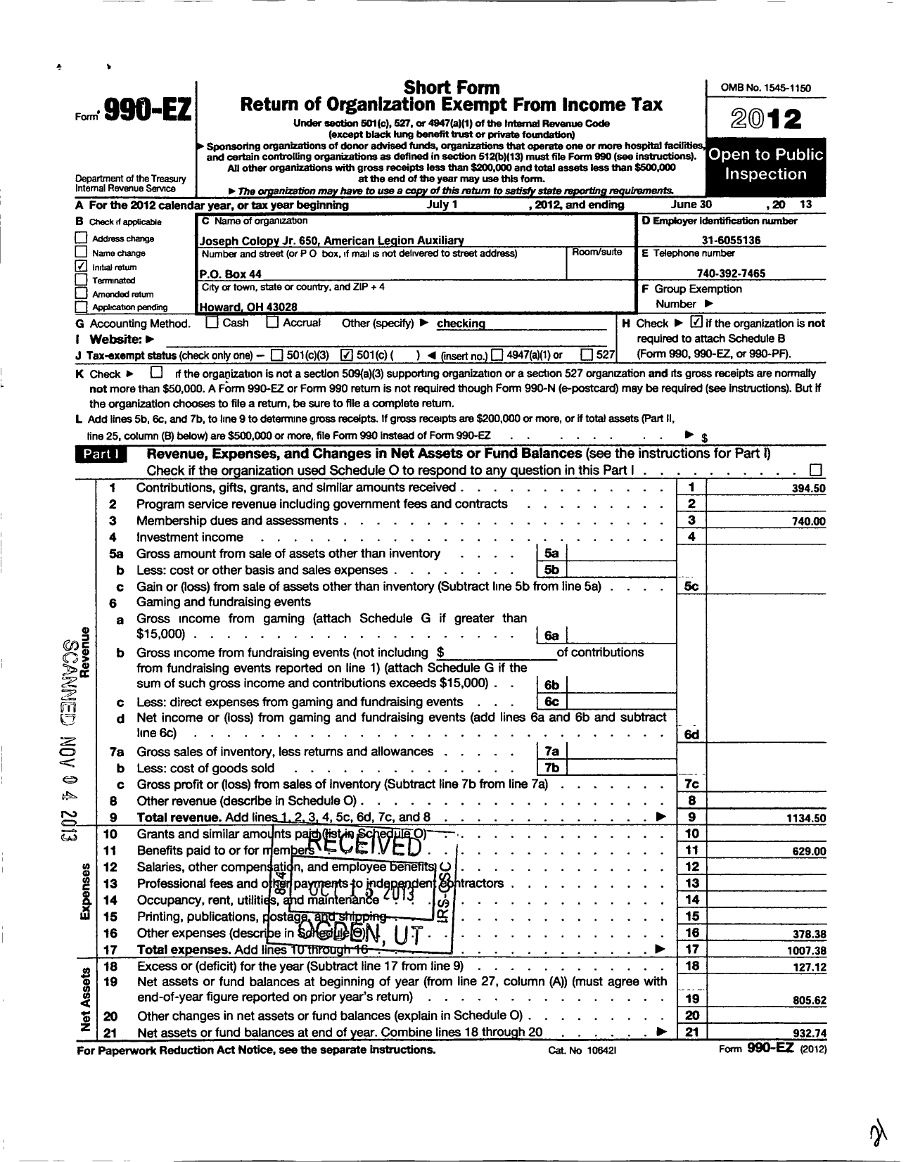 Image of first page of 2012 Form 990EO for American Legion Auxiliary - 650 Joseph Colopy JR