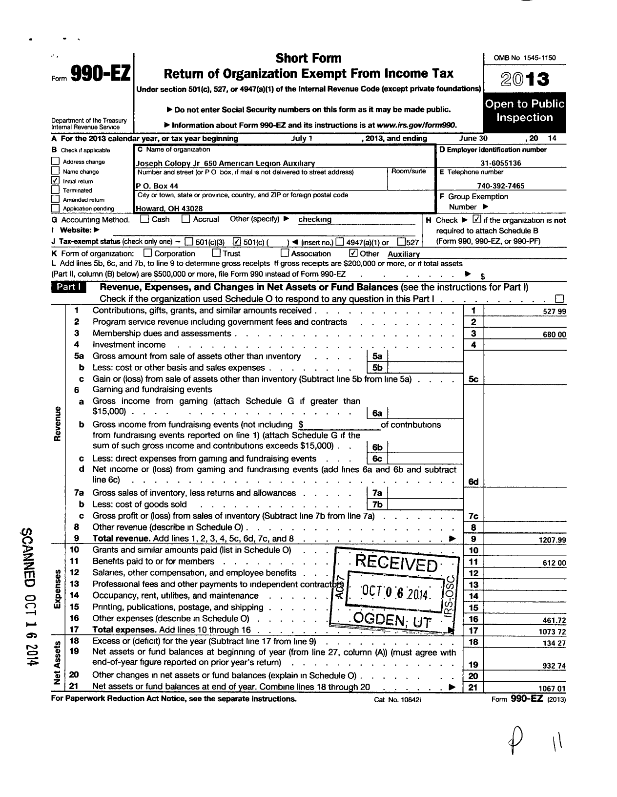 Image of first page of 2013 Form 990EO for American Legion Auxiliary - 650 Joseph Colopy JR