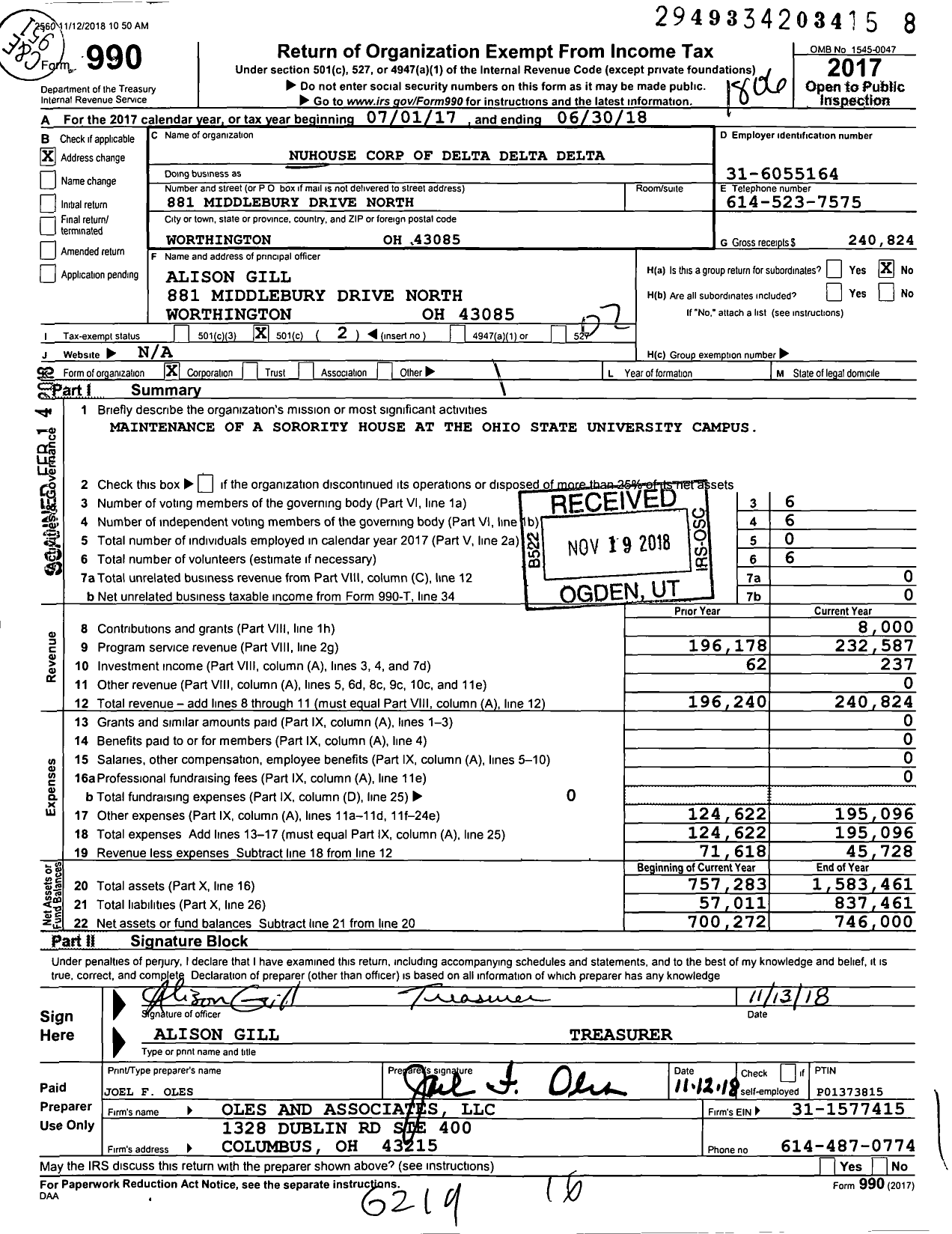 Image of first page of 2017 Form 990O for Delta Delta Delta Nu House Corporation