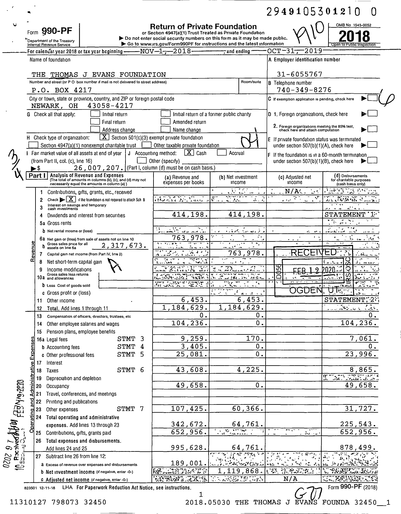 Image of first page of 2018 Form 990PR for The Thomas J Evans Foundation