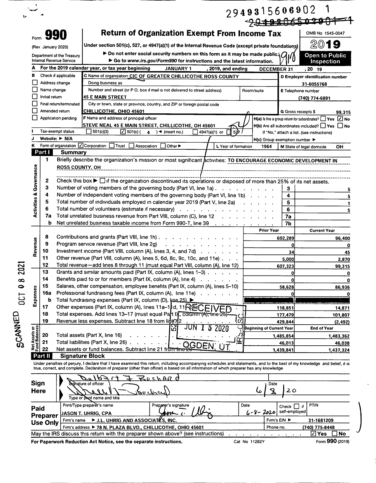Image of first page of 2019 Form 990O for Ross County Community Improvement Corporation