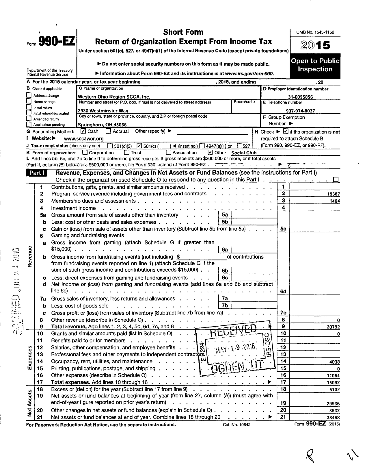 Image of first page of 2015 Form 990EO for Western Ohio Region Sports Car Club of America