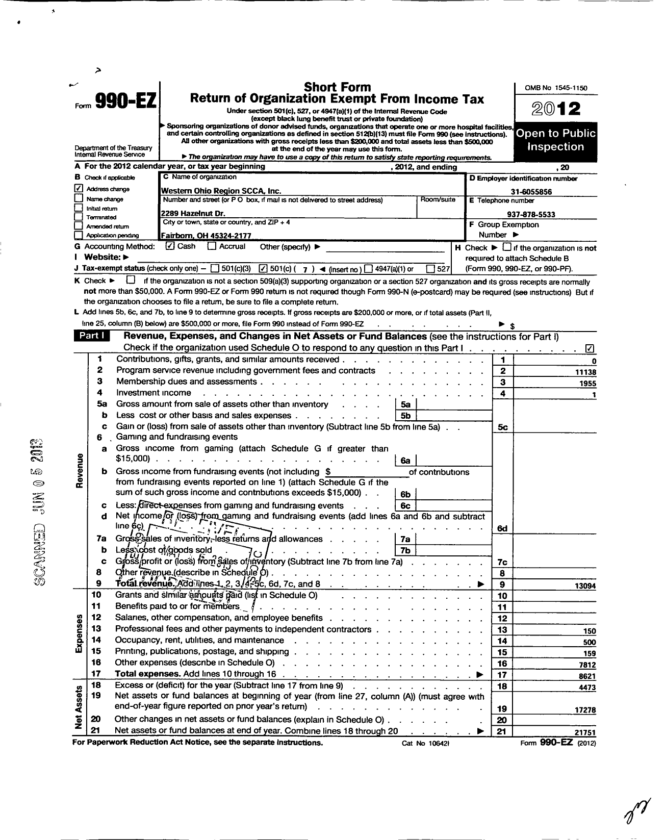 Image of first page of 2012 Form 990EO for Western Ohio Region Sports Car Club of America