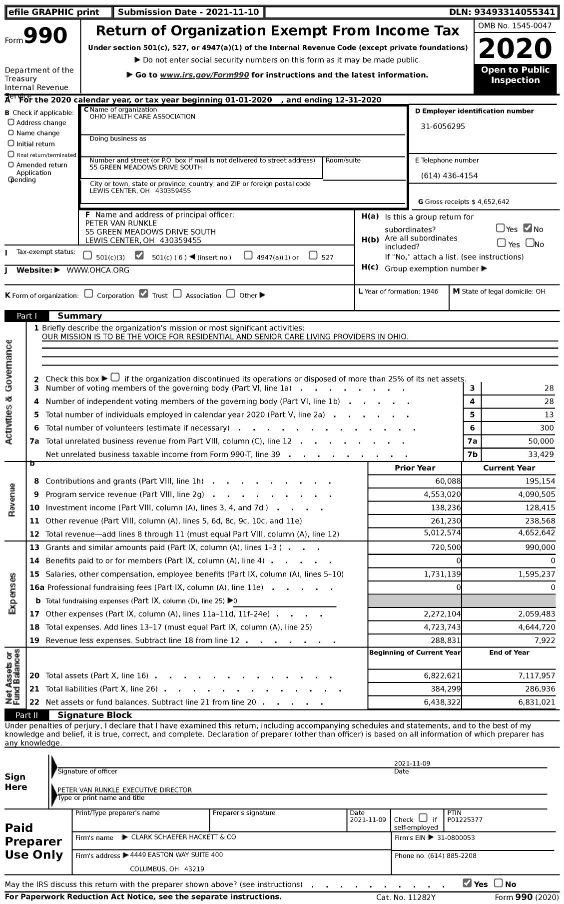 Image of first page of 2020 Form 990 for Ohio Health Care Association