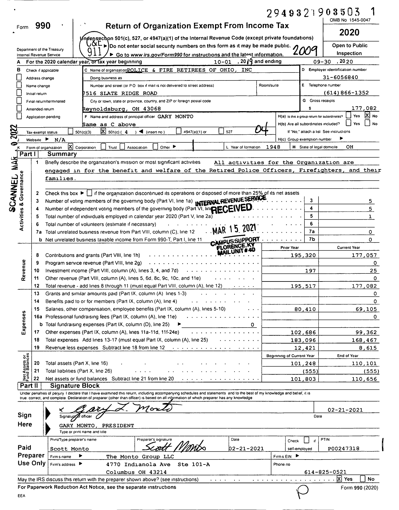 Image of first page of 2019 Form 990O for Police and Fire Retirees of Ohio