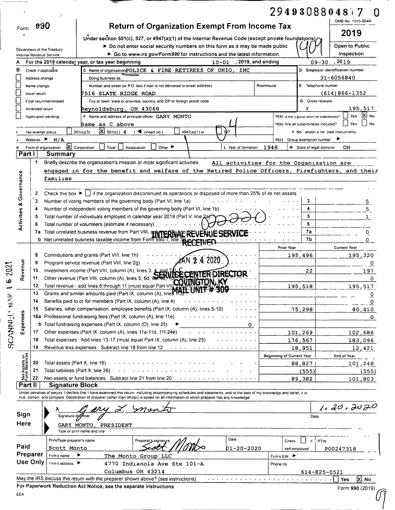 Image of first page of 2018 Form 990O for Police and Fire Retirees of Ohio