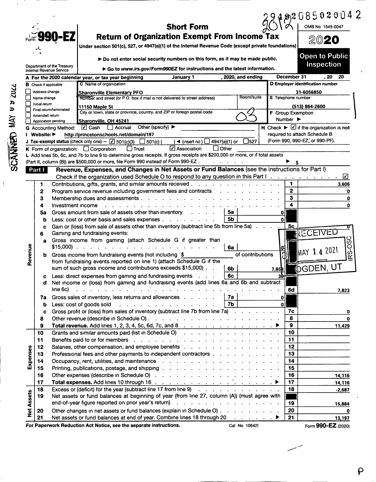 Image of first page of 2020 Form 990EZ for Sharonville Elementary PFO