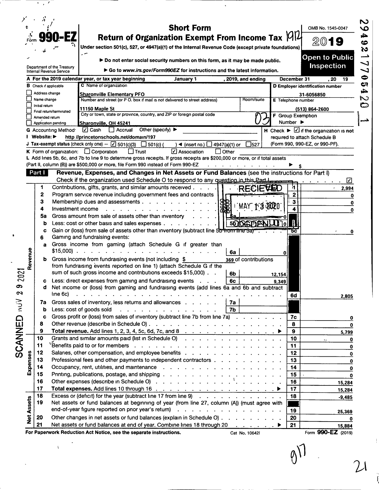 Image of first page of 2019 Form 990EZ for Sharonville Elementary PFO