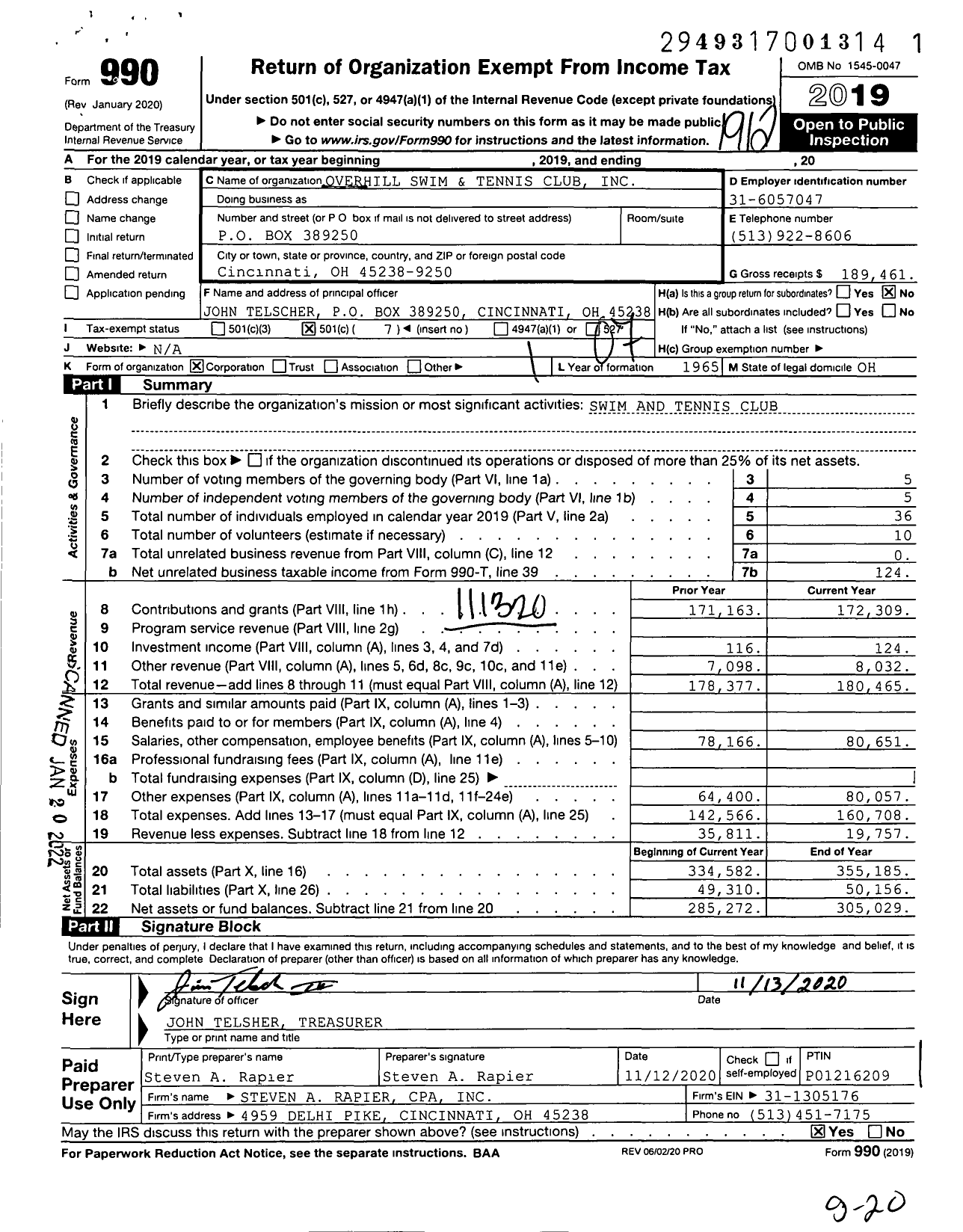 Image of first page of 2019 Form 990O for Overhill Swim and Tennis Club