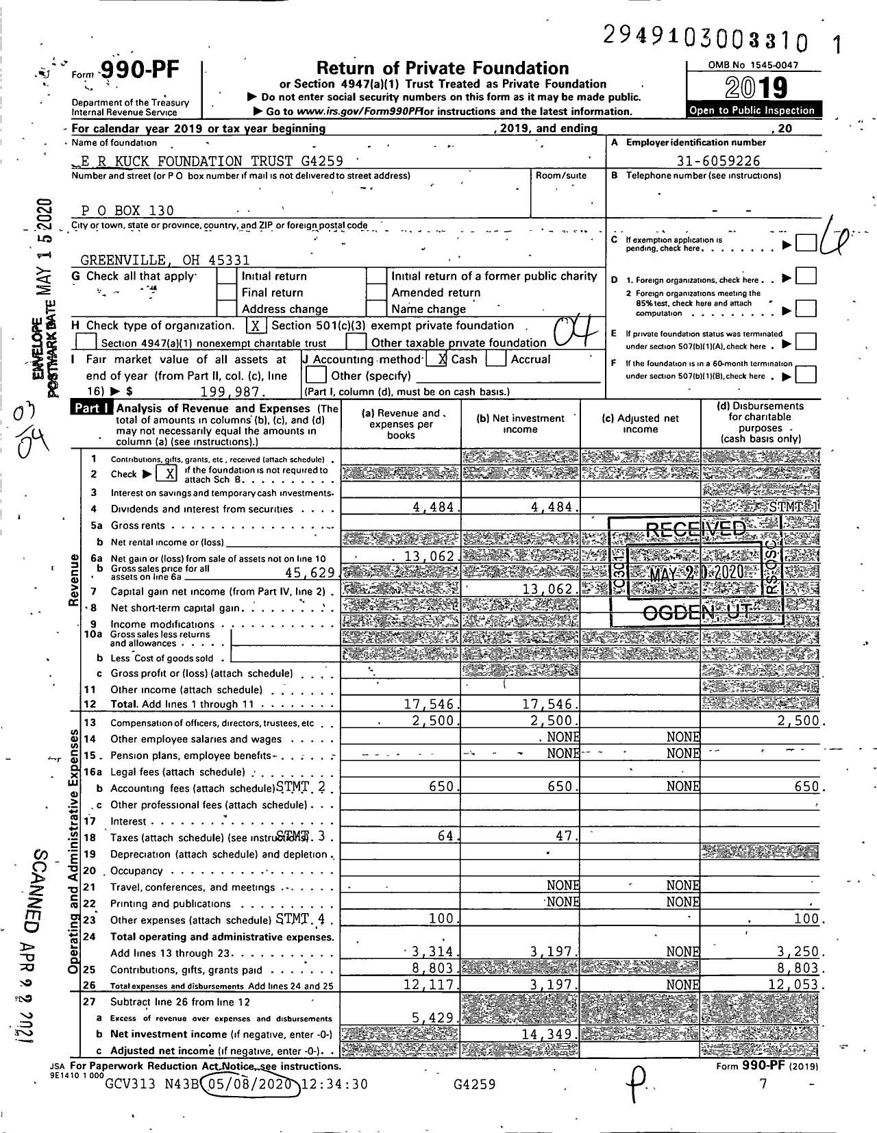 Image of first page of 2019 Form 990PF for E R Kuck Foundation Trust