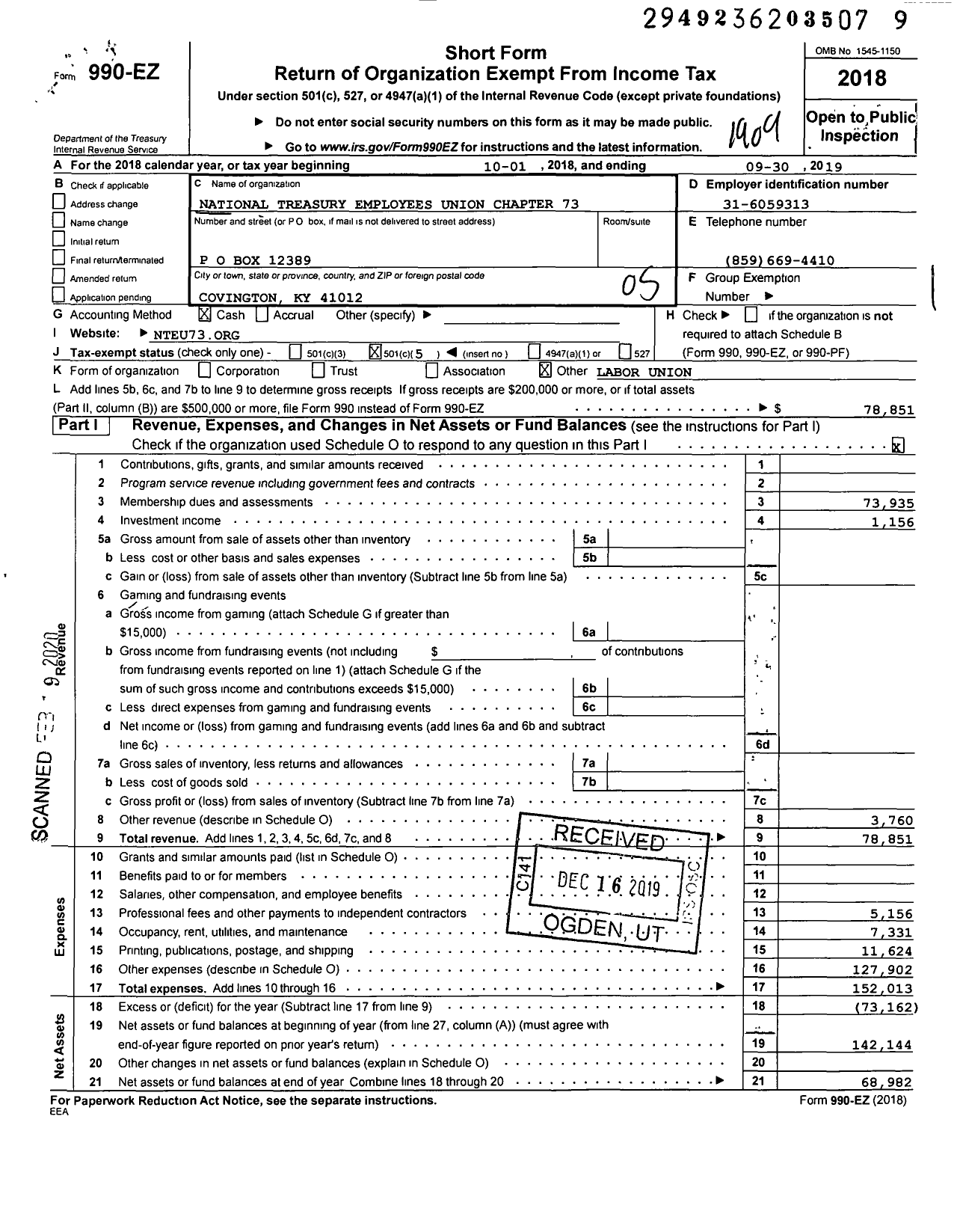 Image of first page of 2018 Form 990EO for National Treasury Employees Union - 73 Nteu