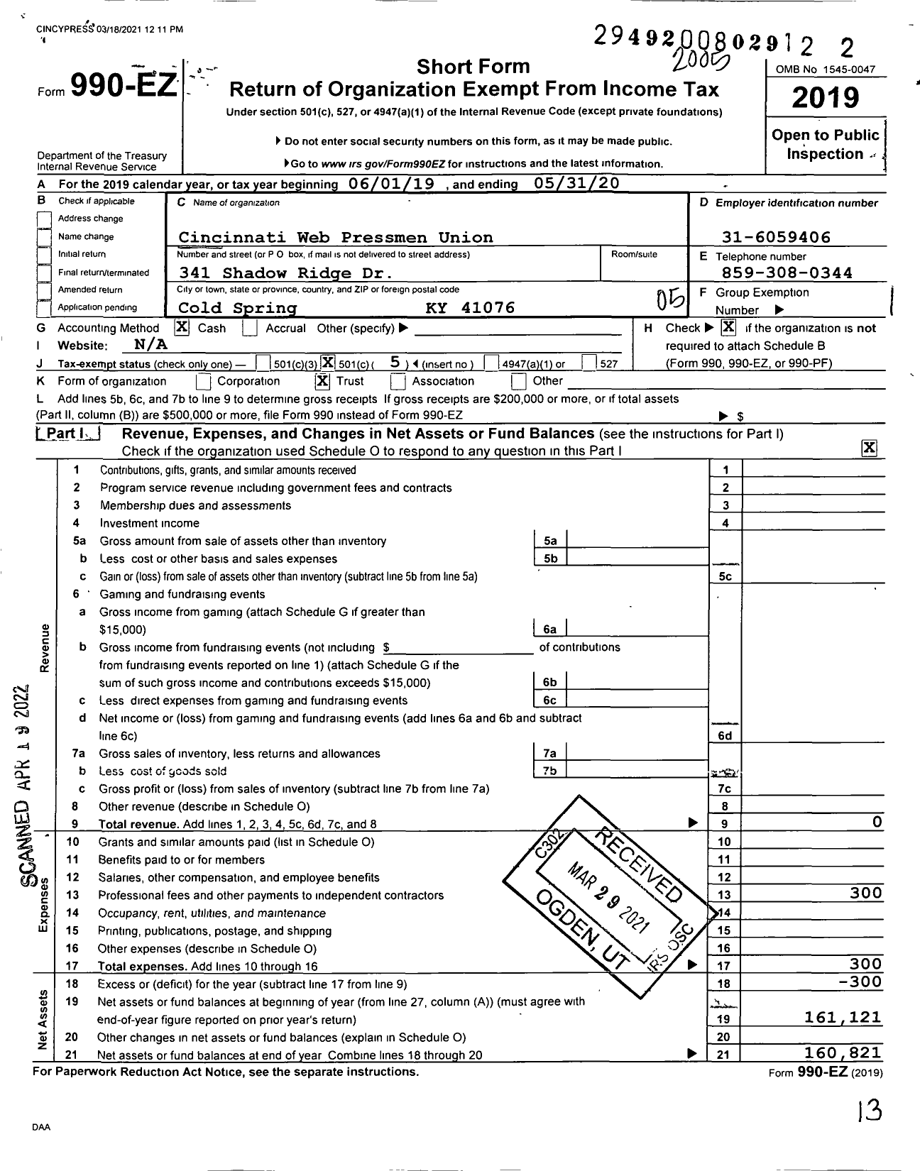 Image of first page of 2019 Form 990EO for Cincinnati Web Pressmen