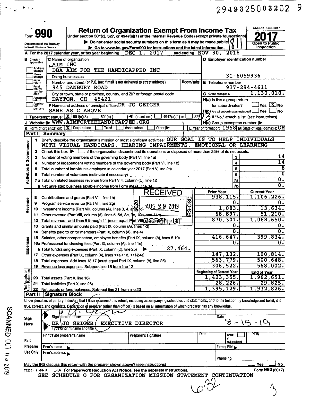 Image of first page of 2017 Form 990 for Aim for the Handicapped