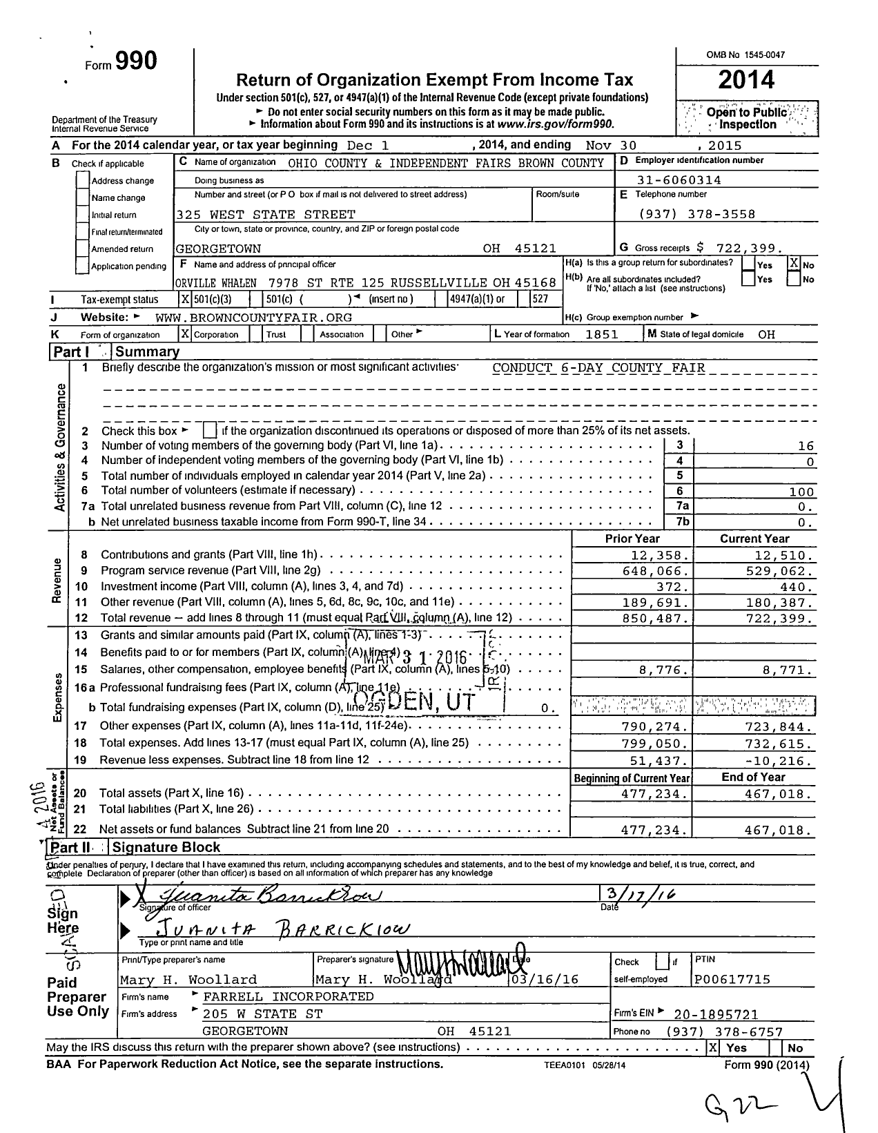 Image of first page of 2014 Form 990 for Ohio County and Independent Fairs - Brown County