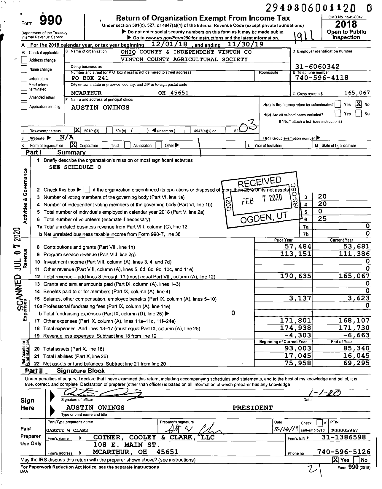 Image of first page of 2018 Form 990 for Ohio County & Independent Agricultural Societies - Vinton County