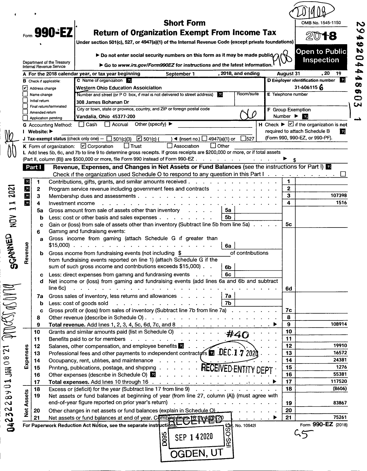 Image of first page of 2018 Form 990EO for Western Ohio Education Association