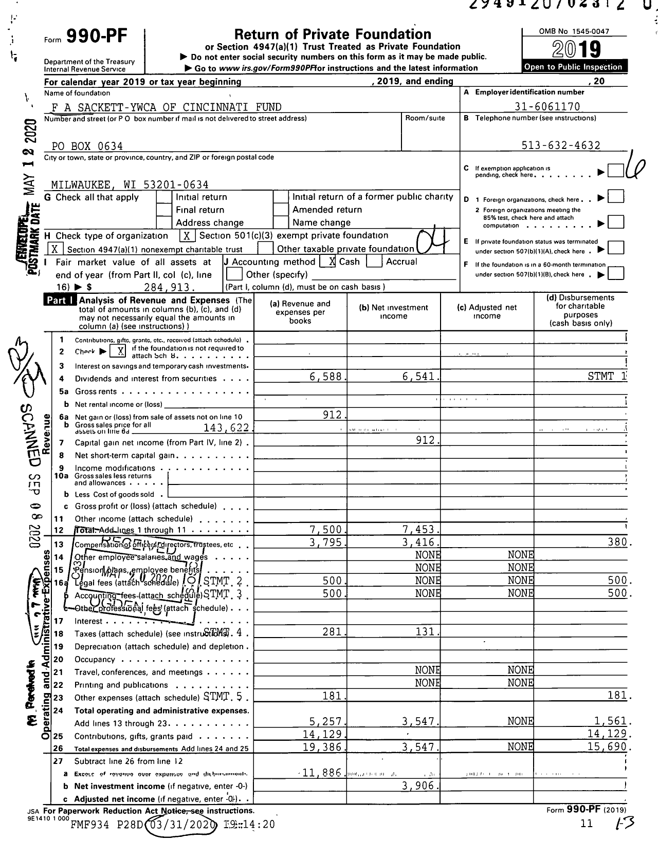 Image of first page of 2019 Form 990PR for F A Sackett-Ywca of Cincinnati Fund
