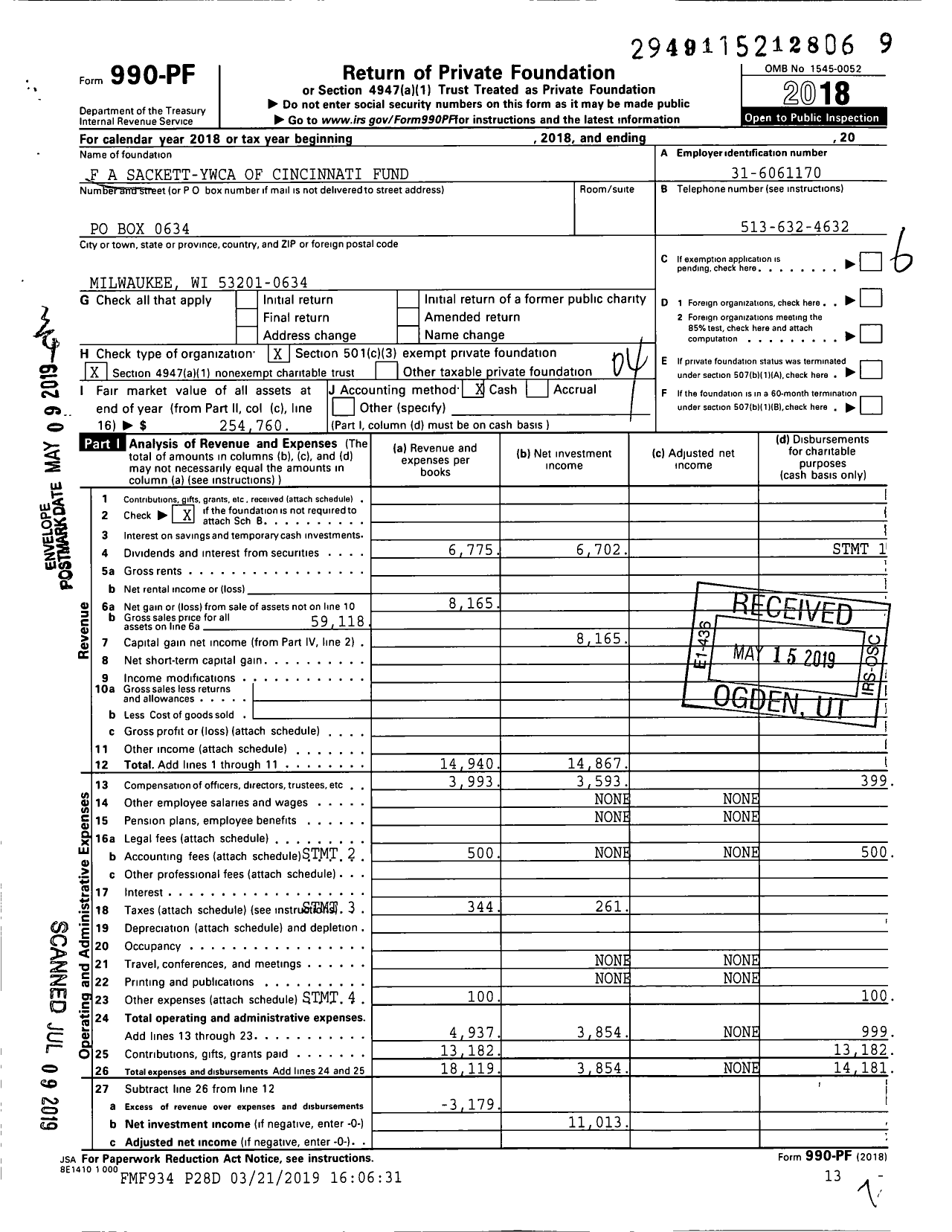 Image of first page of 2018 Form 990PF for F A Sackett-Ywca of Cincinnati Fund